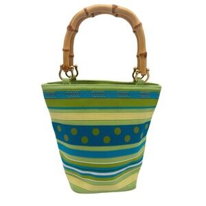 Tianni Bamboo Handle Mini Tote Bag NWOT Green Blue Stripe Y2K Resort Purse